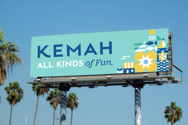 Showing the Kemah TX logo and slogan on a billboard. Branding and logo designed by MDR. Kemah is a small coastal town just outside of Houston.