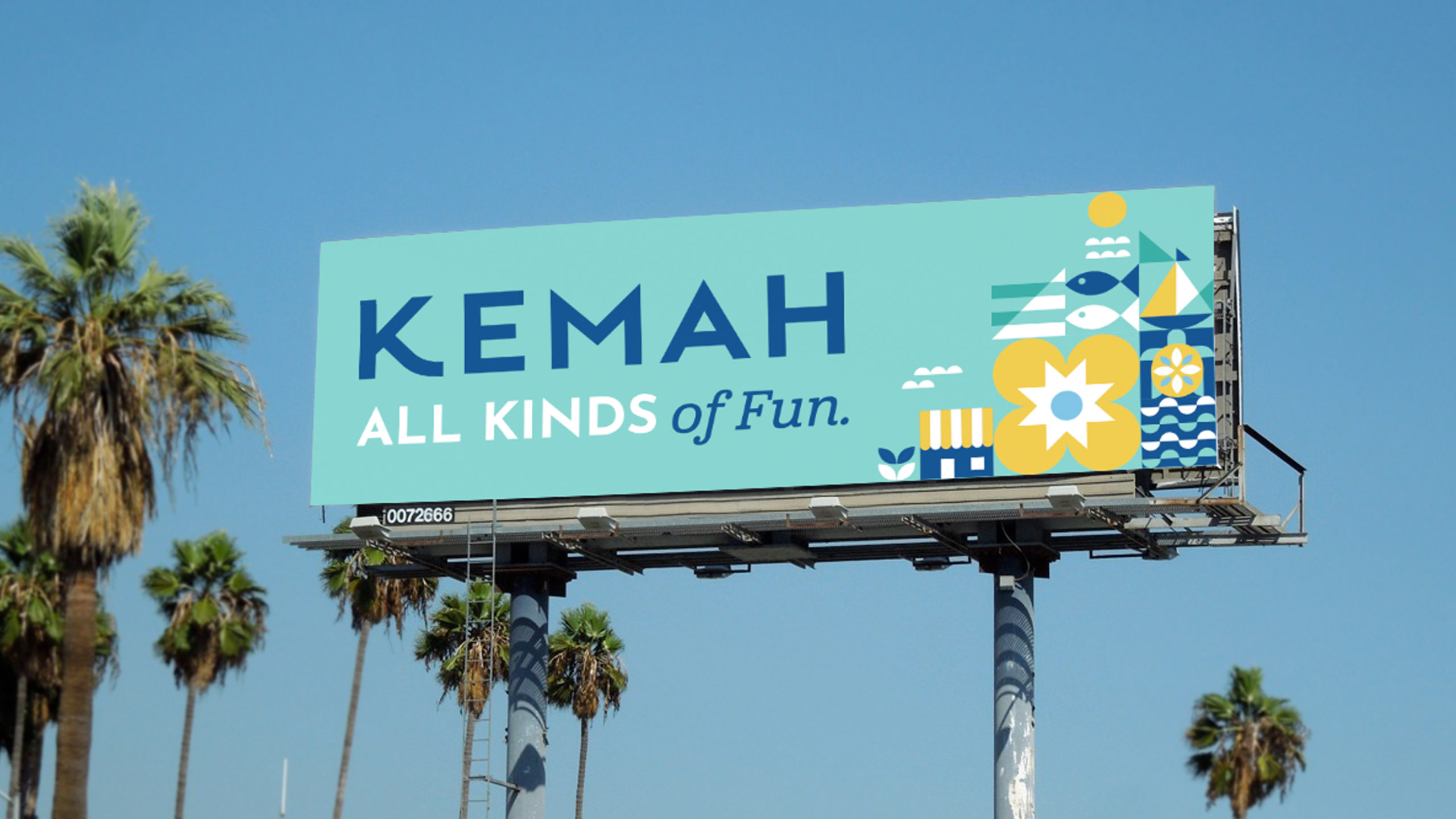 Showing the Kemah TX logo and slogan on a billboard. Branding and logo designed by MDR. Kemah is a small coastal town just outside of Houston.
