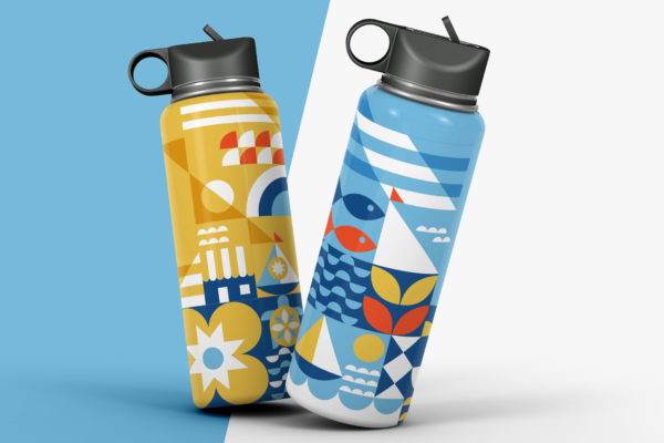 Showing water bottles with the Kemah branding. Branding designed by MDR. Kemah is a small coastal town just outside of Houston.