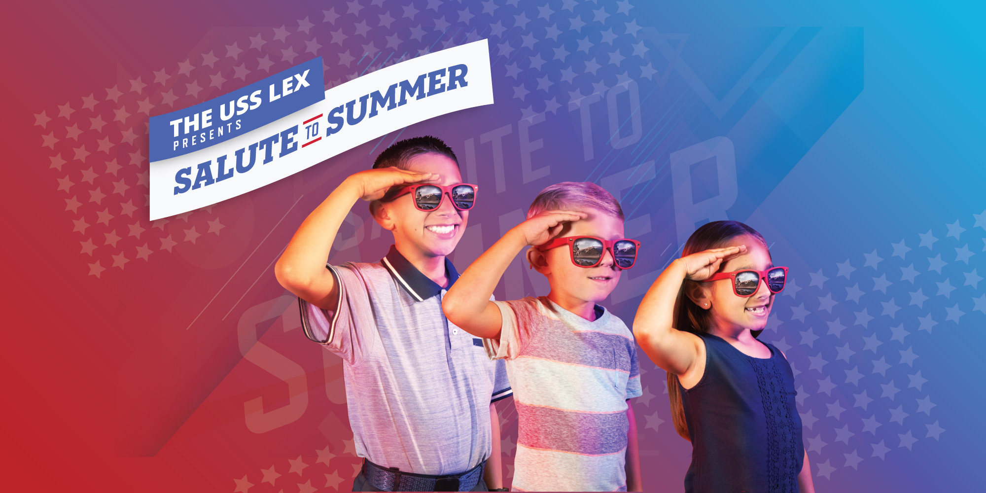 Showing three young kids saluting while wearing sunglasses for the USS Lexington "Salute to Summer" campaign created by MDR.