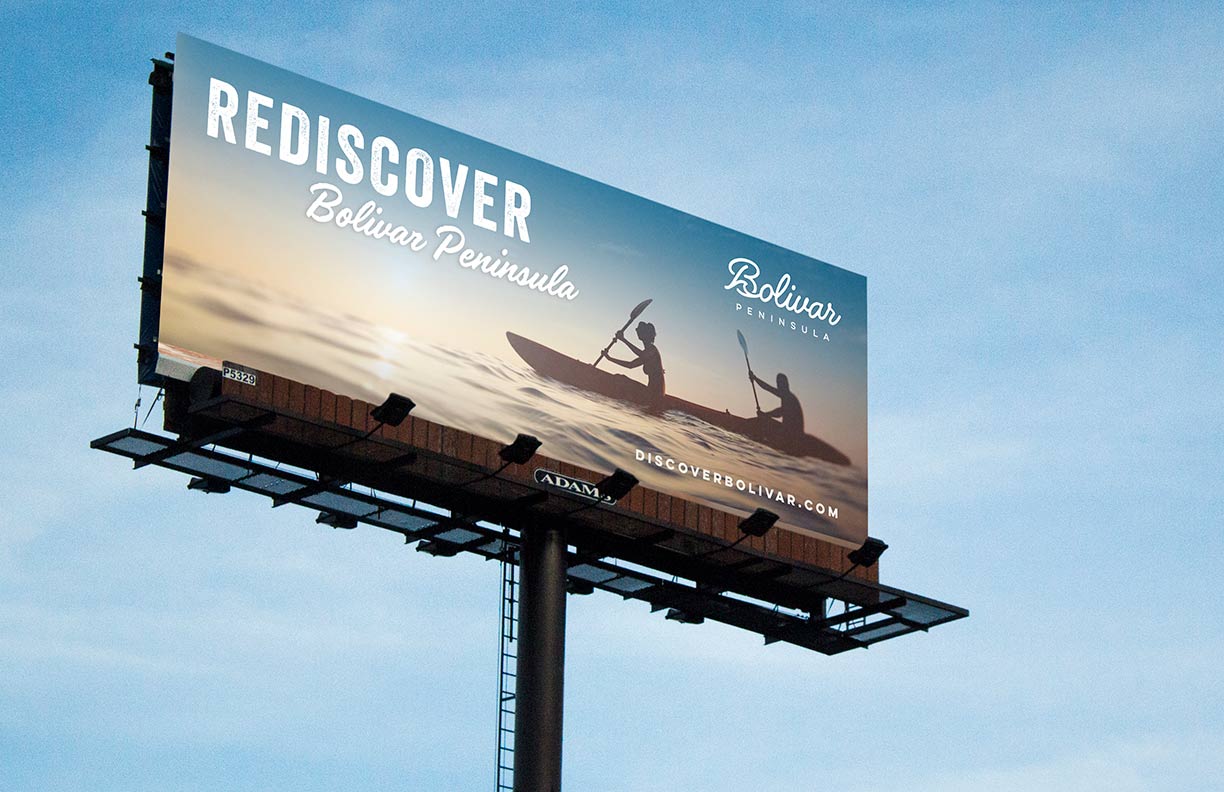 Showing a billboard with the Bolivar Peninsula branding.