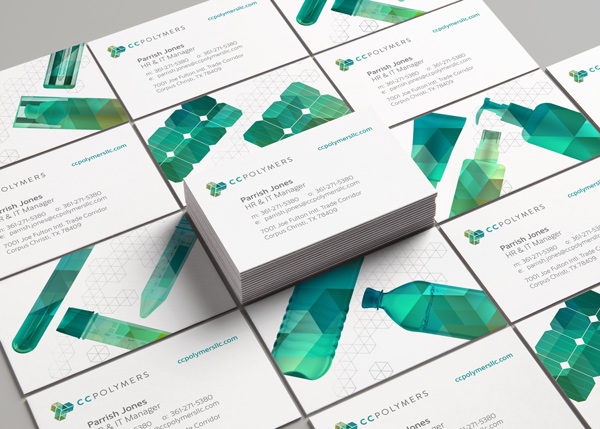 Showing CC Polymers business cards featuring the logo and branding design created by MDR.