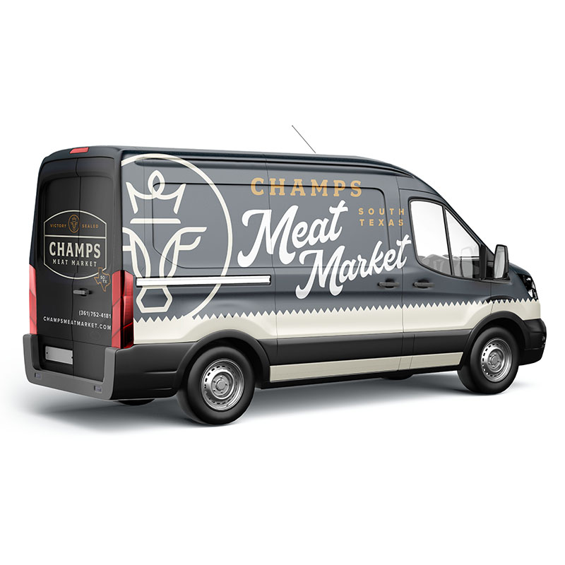 Showing the Champs Meat Market van, with the Champs logo and branding.
