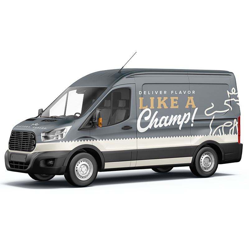 Showing the new Champs Meat Market delivery van, with the Champs branding.