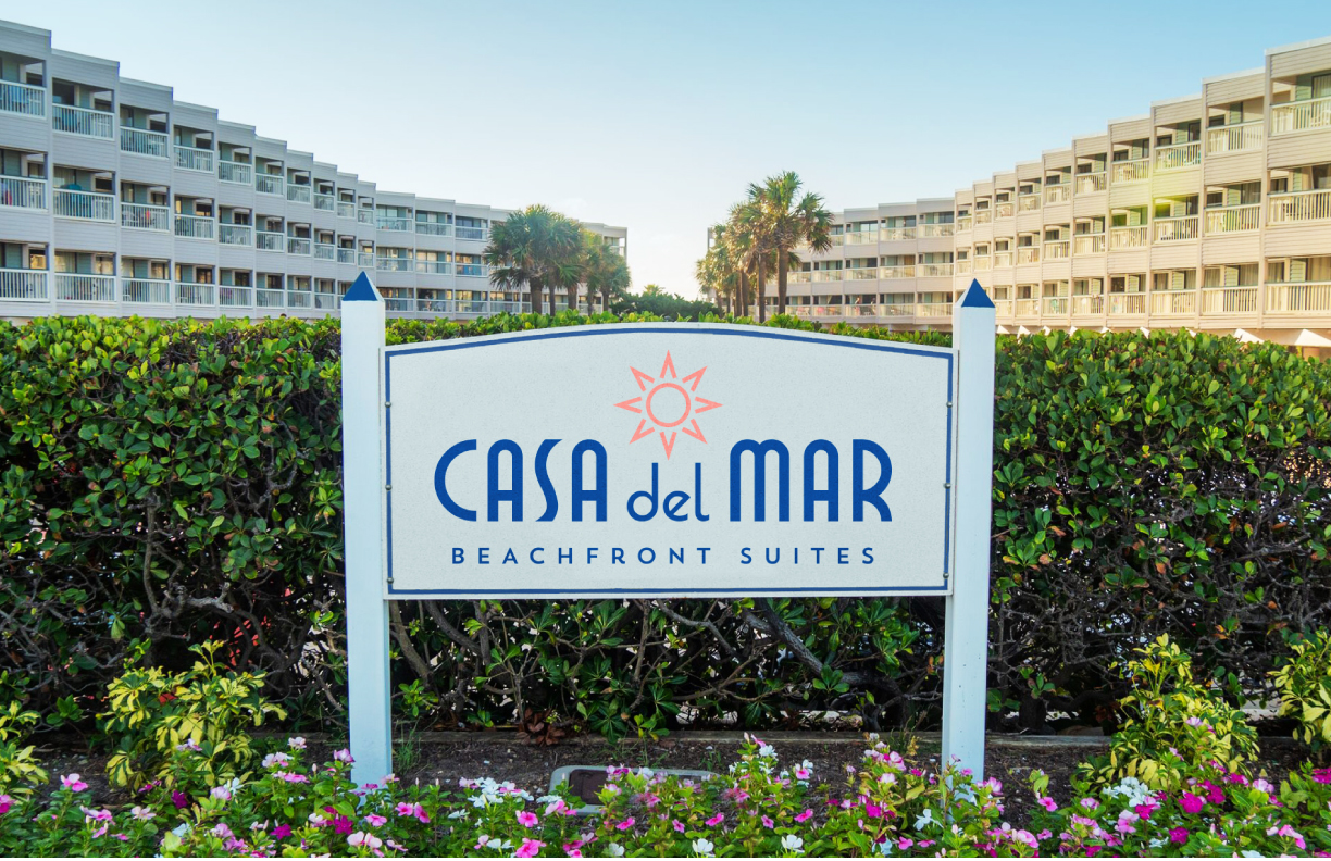 Showing the entrance sign to Casa del Mar using the logo designed by MDR.