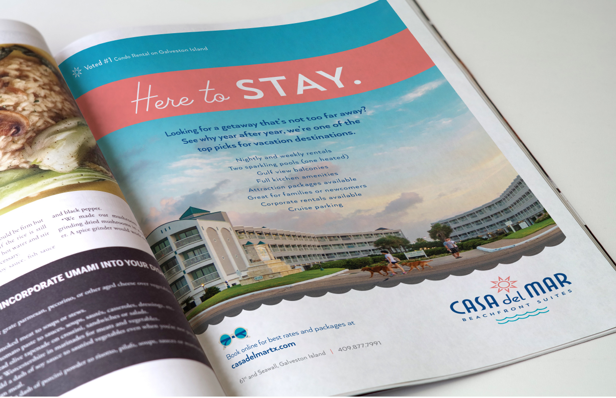 Showing a full page ad in a magazine for Casa del Mar that was designed by MDR.
