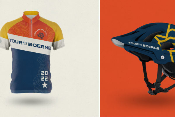 Showing the official Tour de Boerne jersey and helmet. Branding designed by MDR for this San Antonio-based organization.
