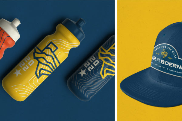 Showing the official Tour de Boerne hat and water bottles. Branding designed by MDR for this San Antonio-based organization.