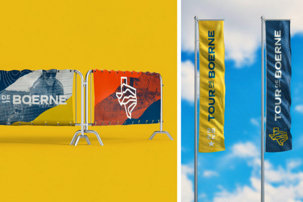 Showing some signage and flags bearing the Tour de Boerne logo. Branding designed by MDR for this San Antonio-based organization.