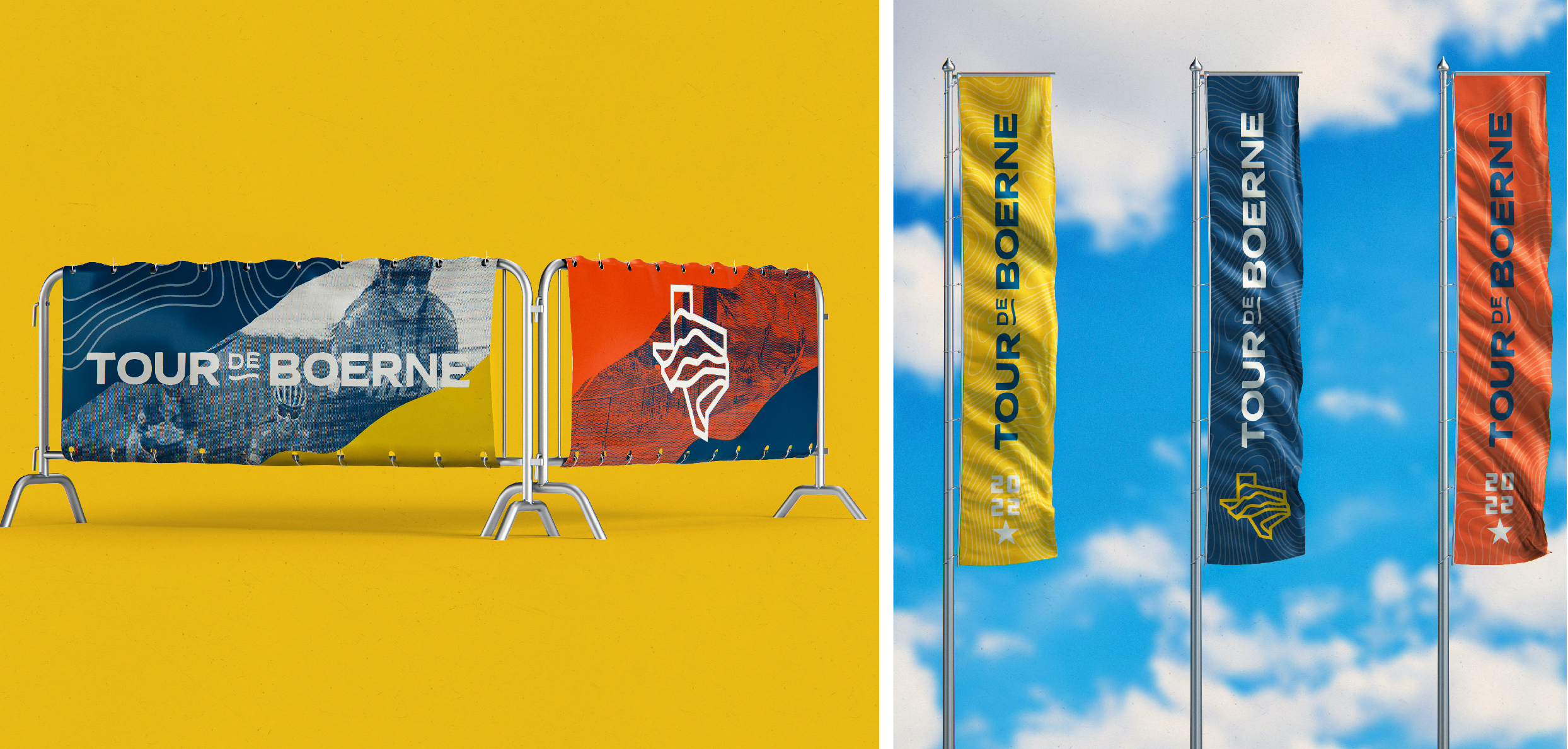 Showing some signage and flags bearing the Tour de Boerne logo. Branding designed by MDR for this San Antonio-based organization.