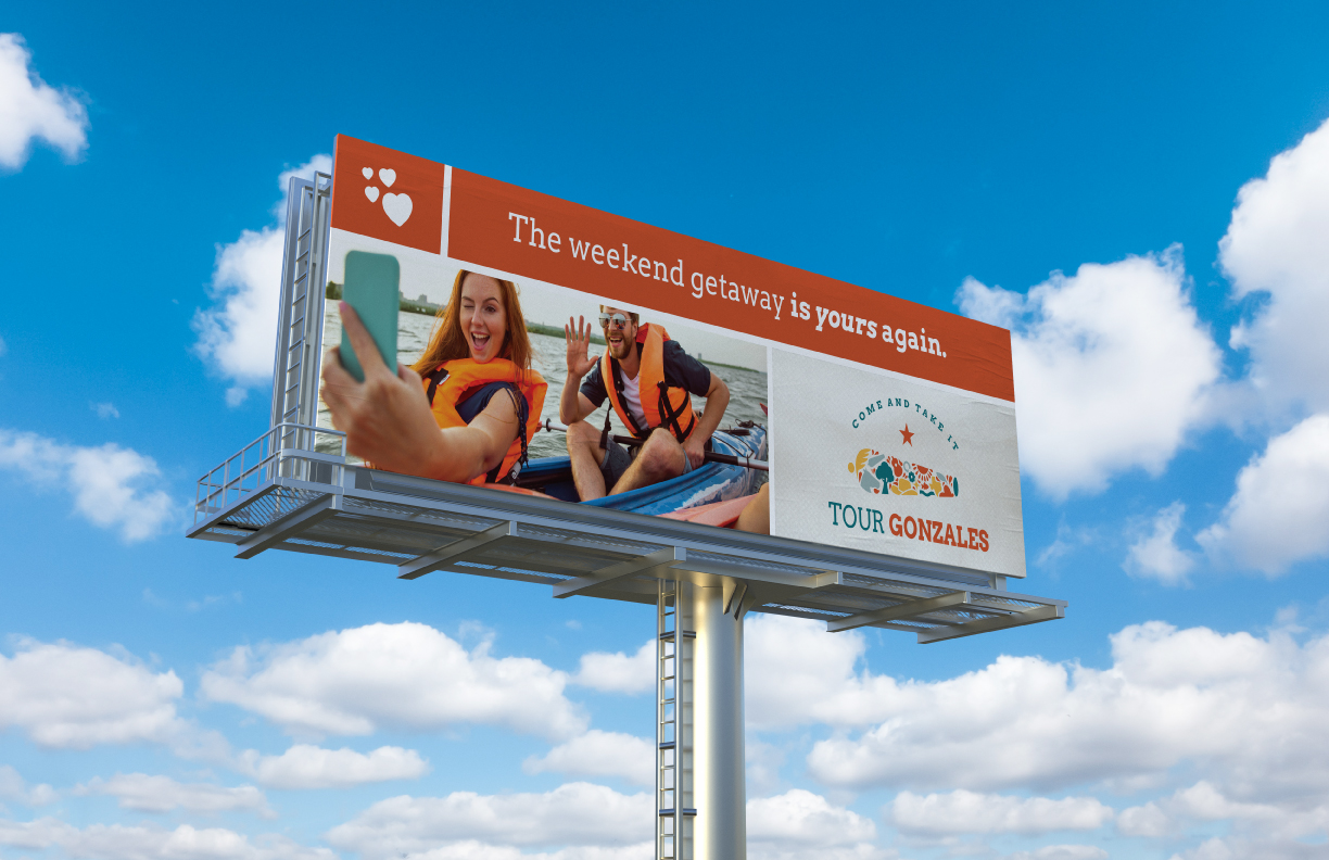 Showing a billboard for Tour Gonzales using artwork and branding designed by MDR, for this city located near San Antonio.