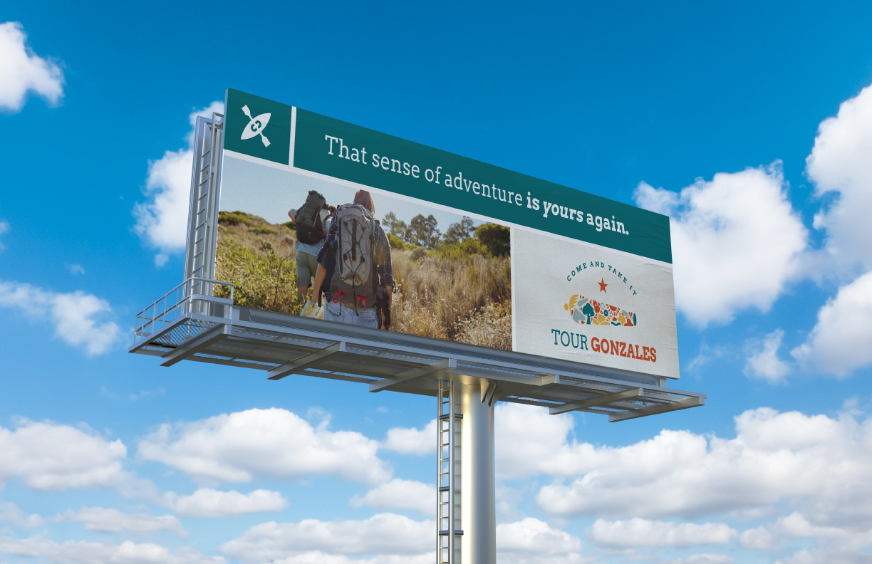 Showing a billboard for Tour Gonzales using artwork and branding designed by MDR, for this city located near San Antonio.