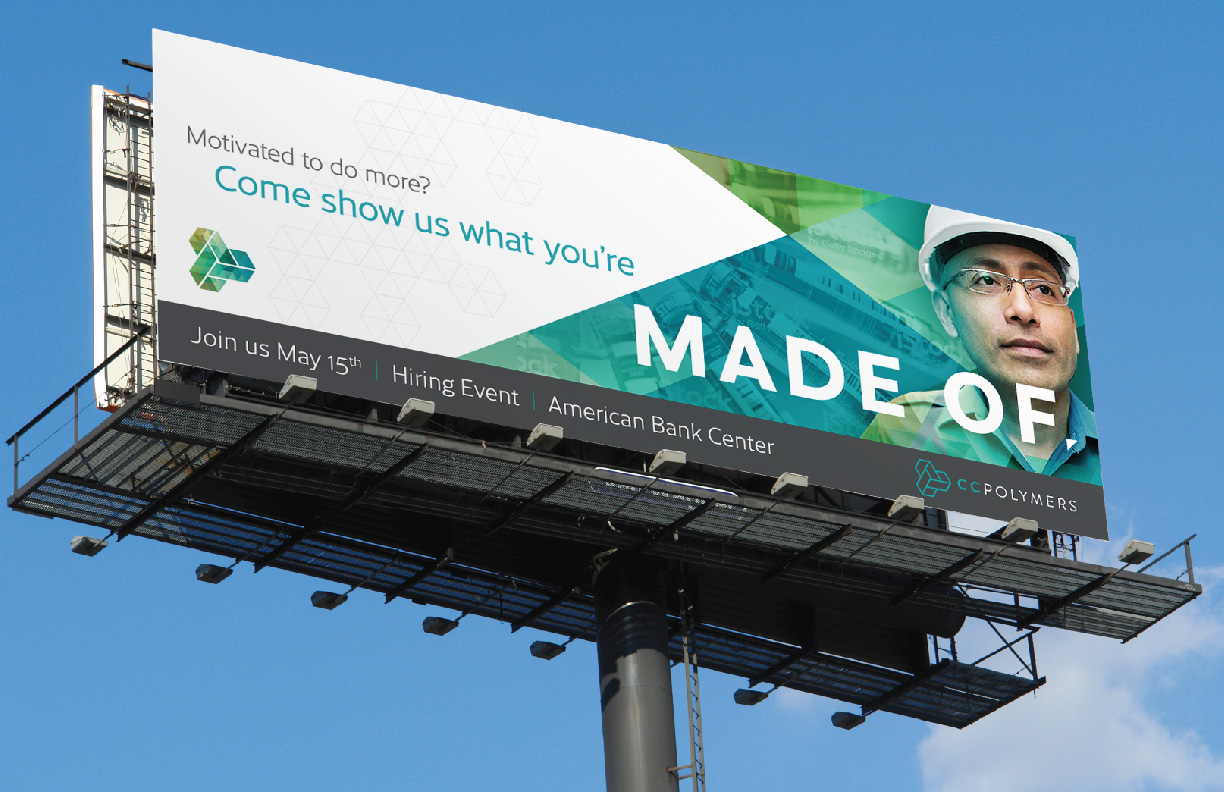 Showing a billboard for CC Polymers featuring branding created by MDR.