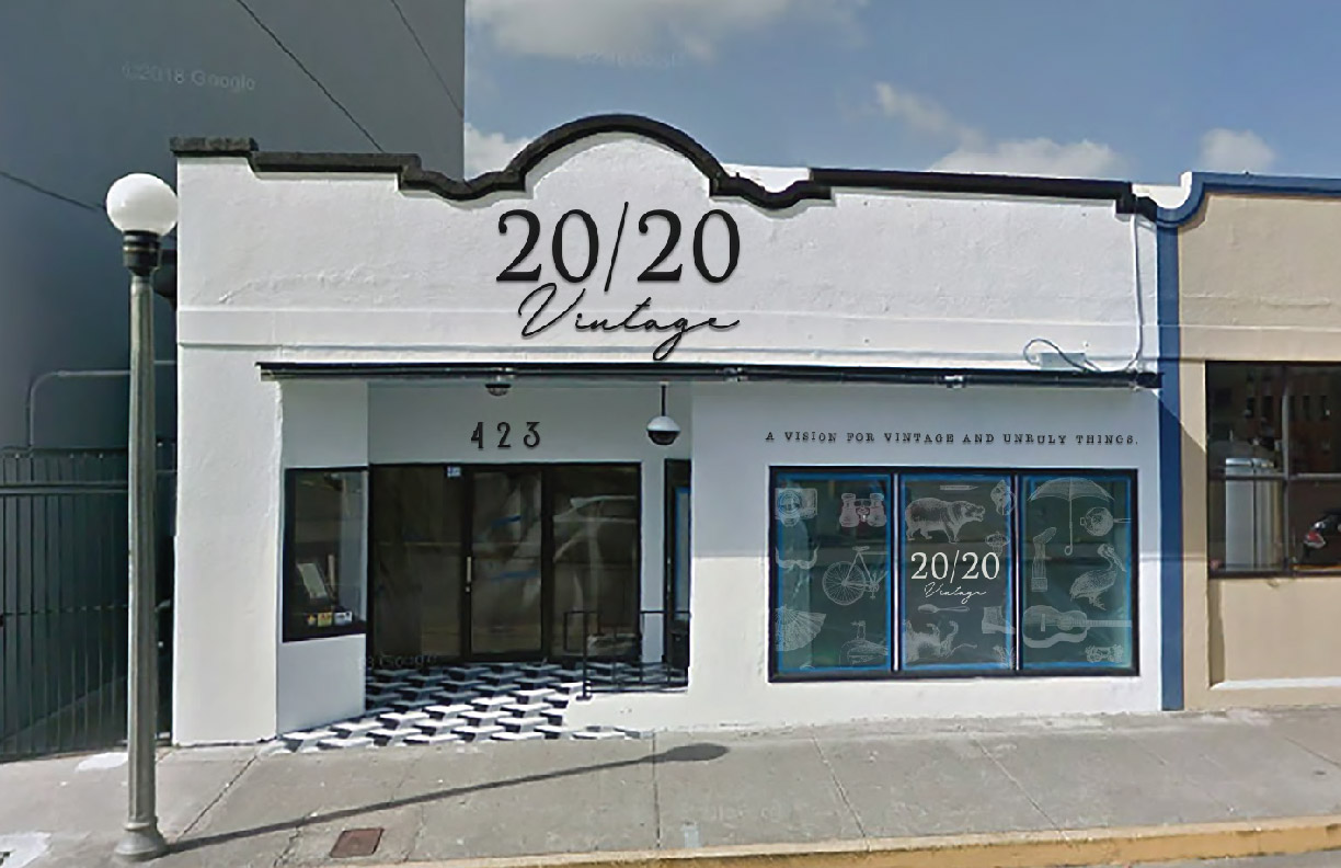 Showing the storefront of 20/20 Vintage.