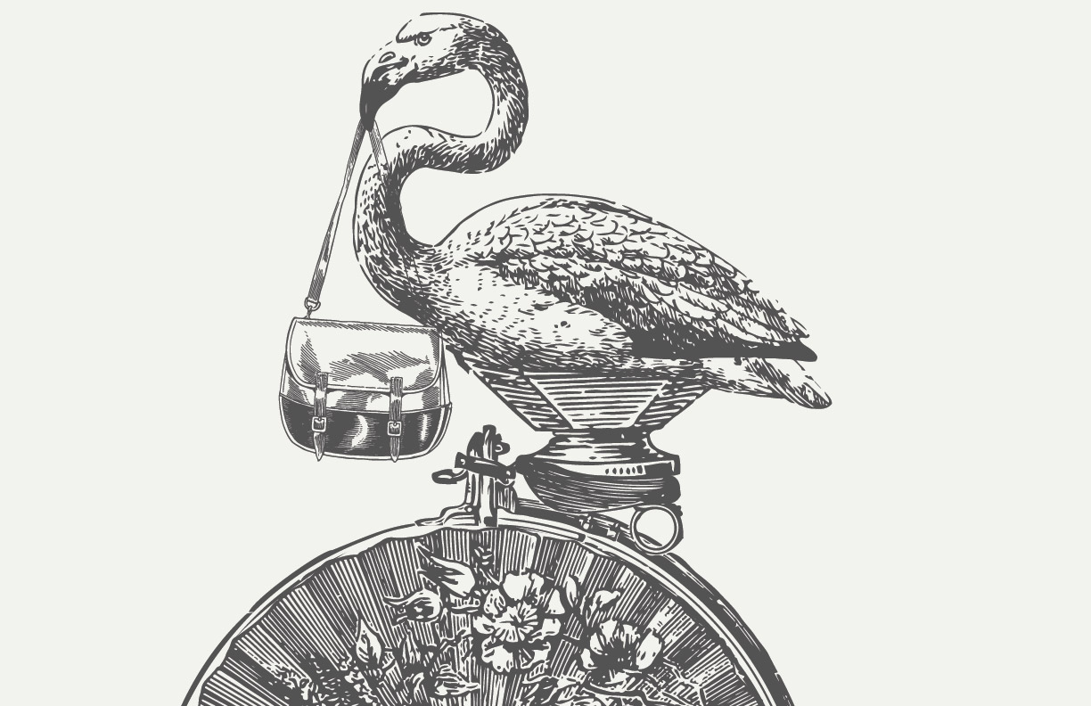 Showing an illustration of a goose holding a purse in its mouth.