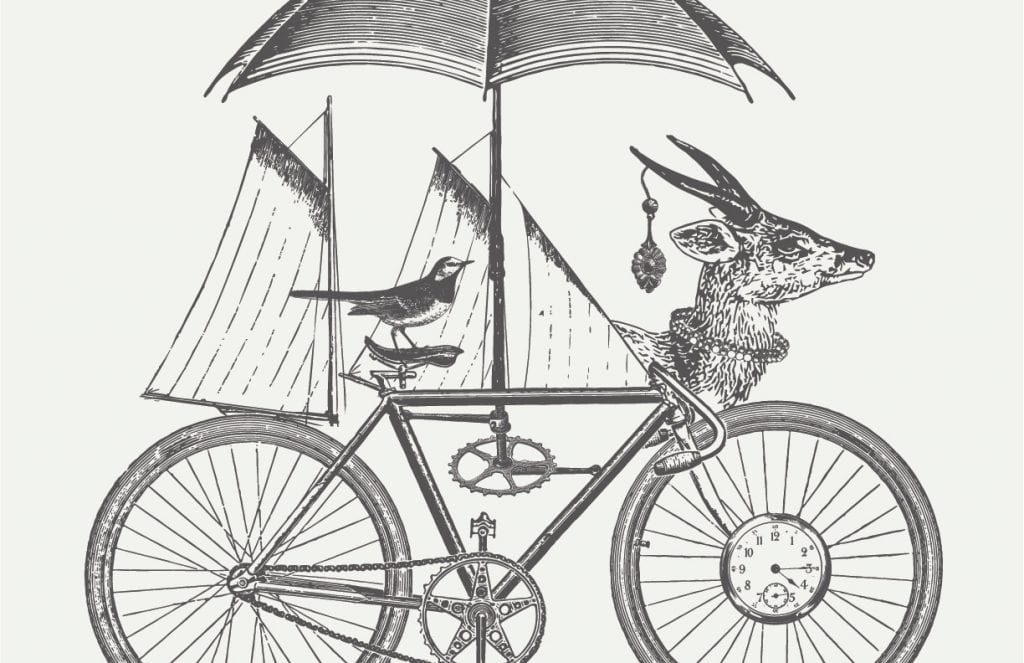 Showing an illustration of an antique bike, mounted deer head, ships sails, a bluejay, and an umbrella all arranged around the bike.