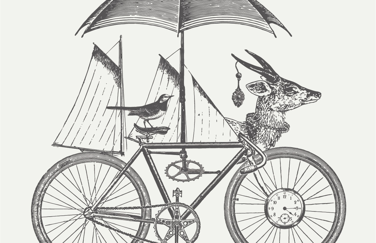 Showing an illustration of an antique bike, mounted deer head, ships sails, a bluejay, and an umbrella all arranged around the bike.