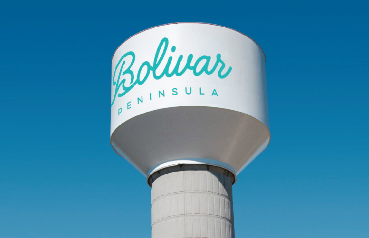 Showing the Bolivar Peninsula water tower.