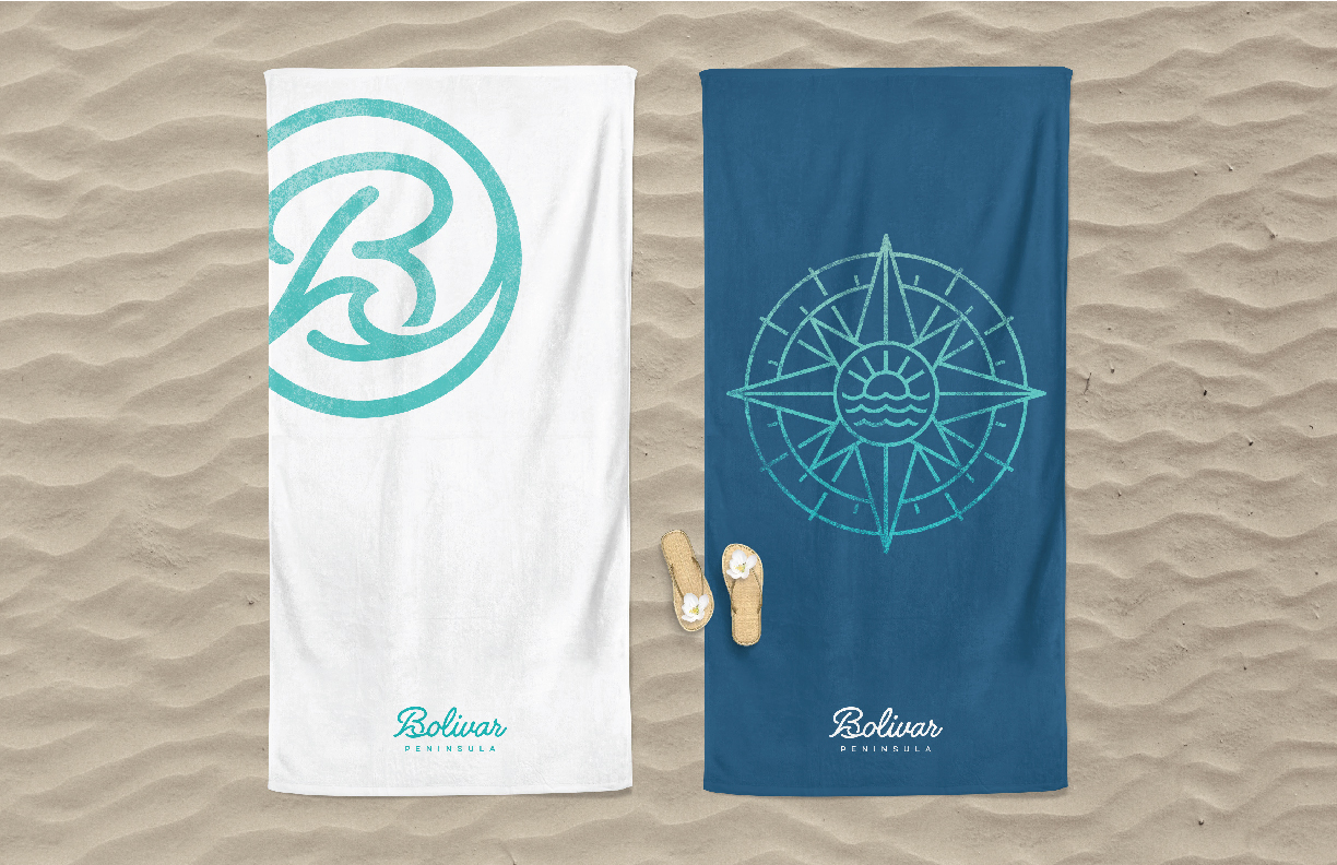 Showing beach towels with the Bolivar Peninsula branding.