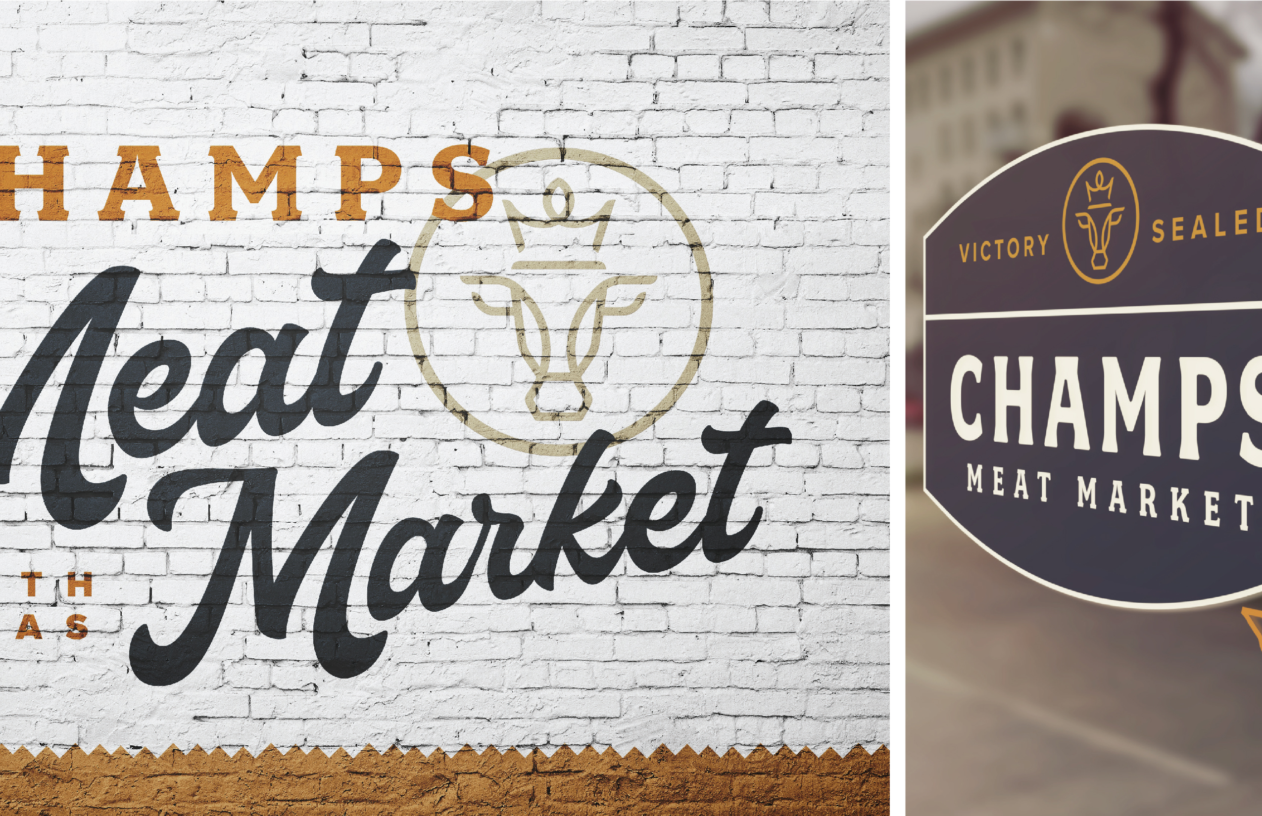 Showing the Champs Meat Market logo painted on a large wall mural.