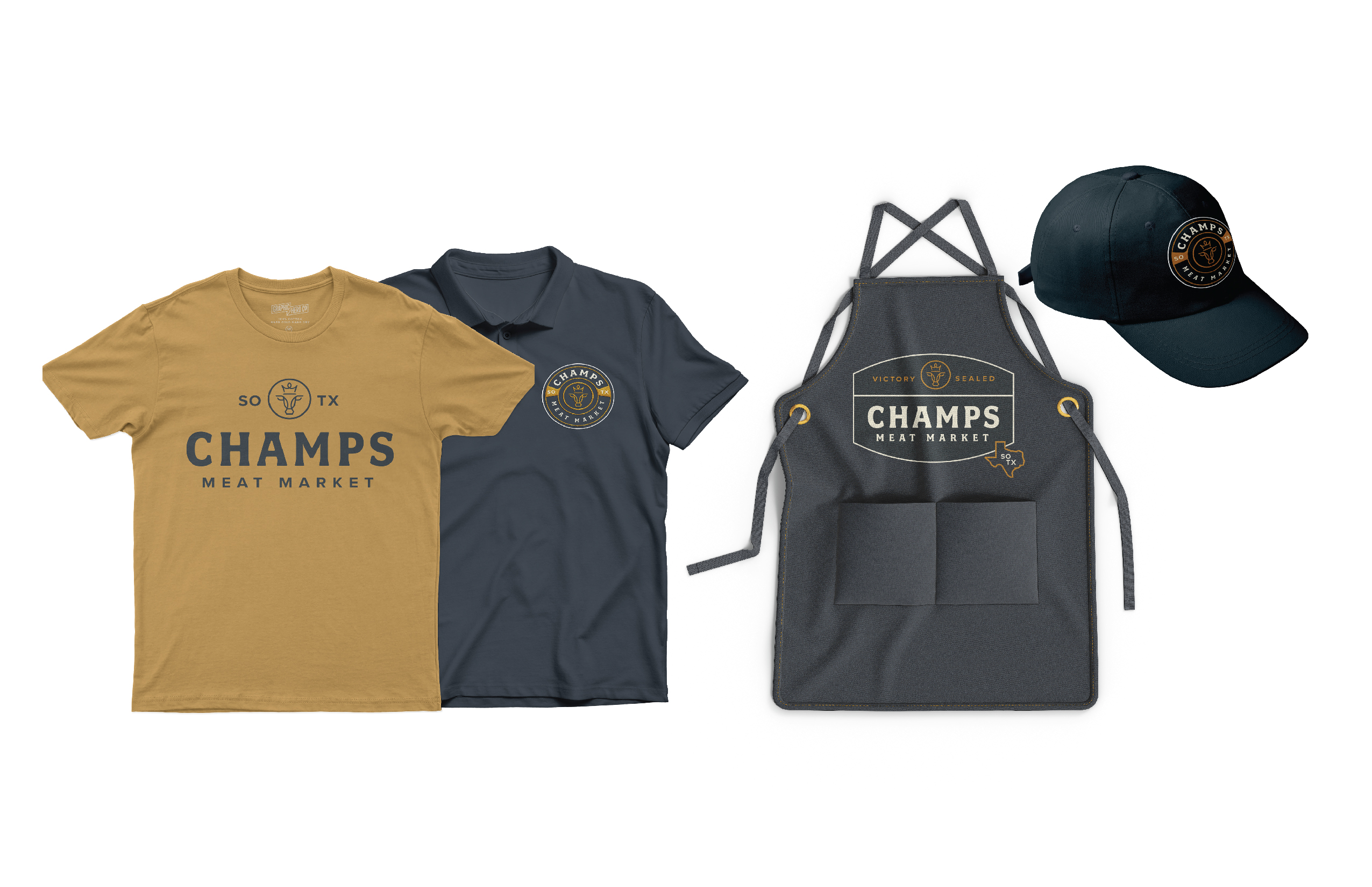 Showing Champs t-shirts and an apron with the Champs logo.