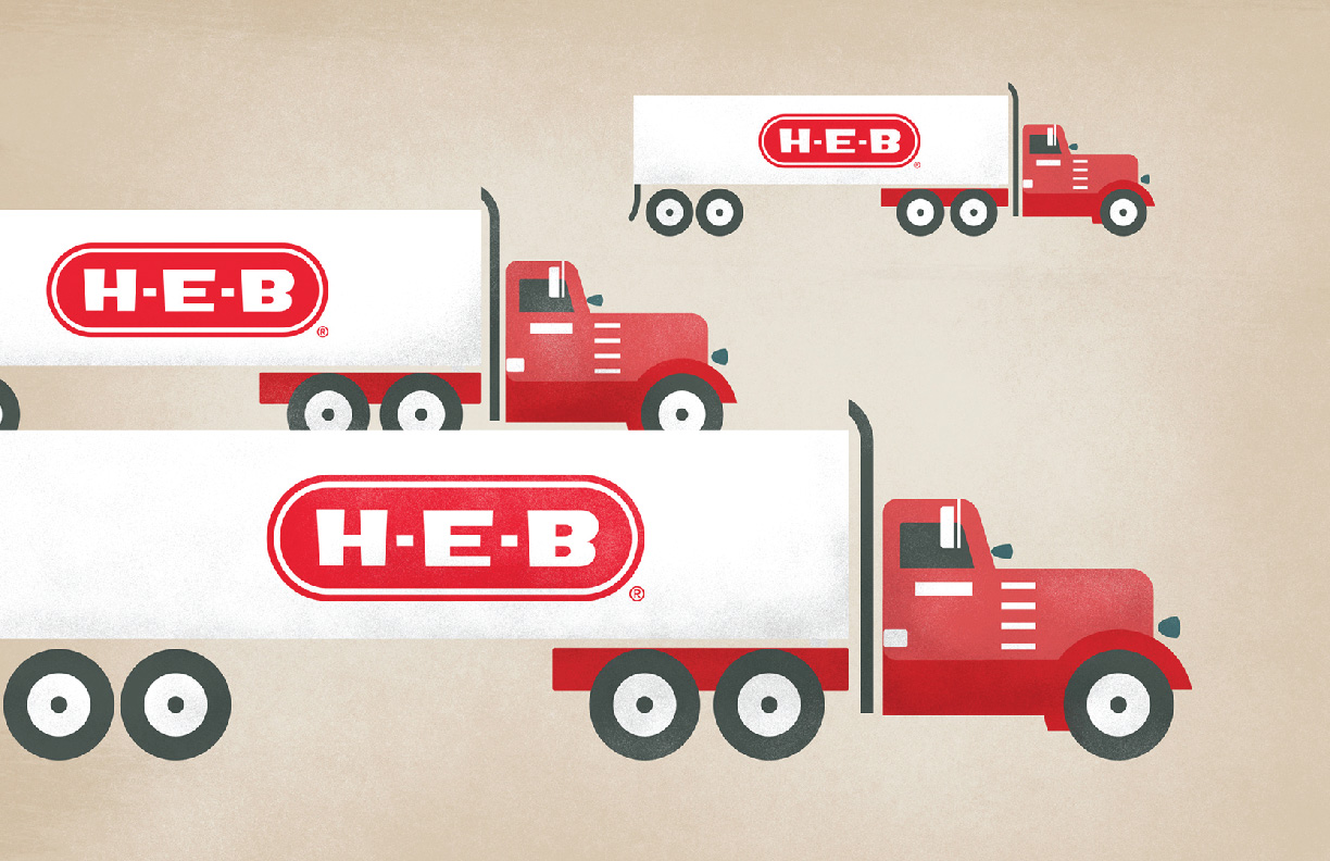 Illustrated graphic showing HEB trucks on the move.