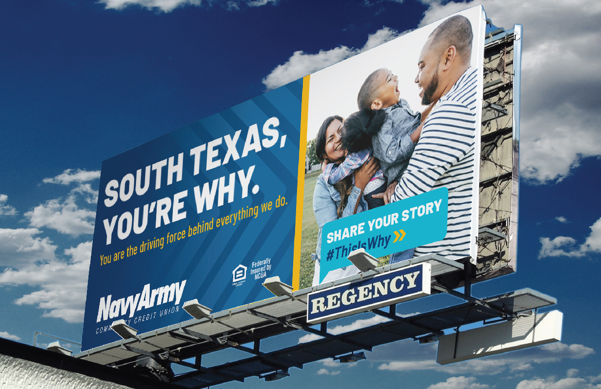 Showing a NavyArmy Community Credit Union billboard designed by MDR.
