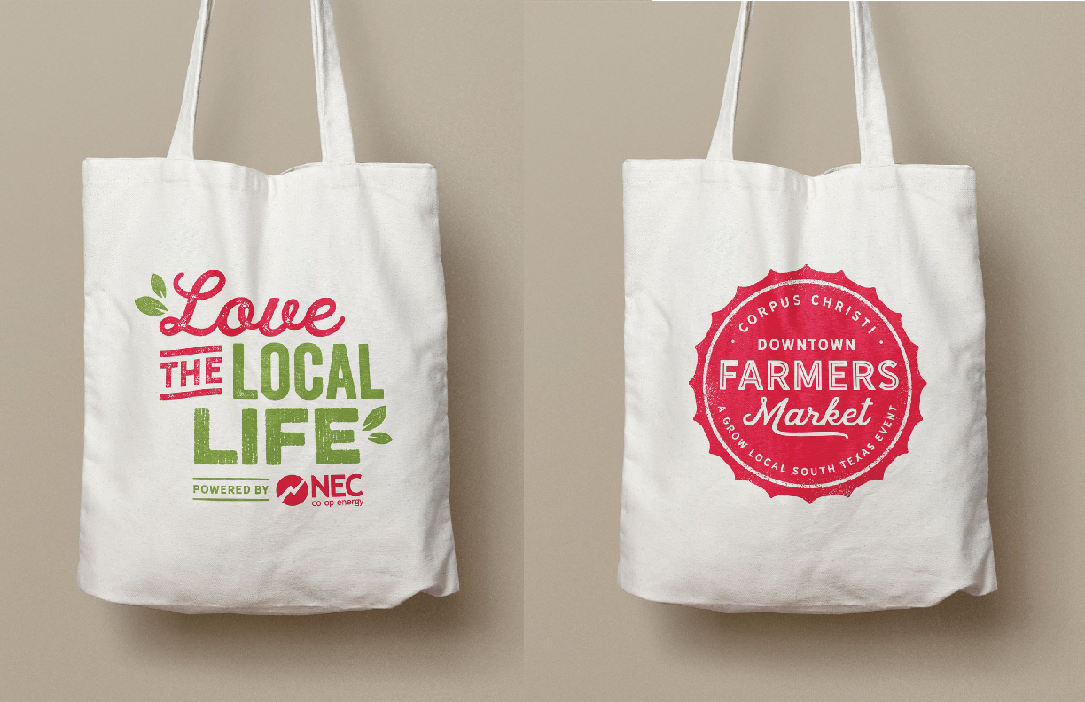Showing two canvas bags with the Farmer's Market logo.
