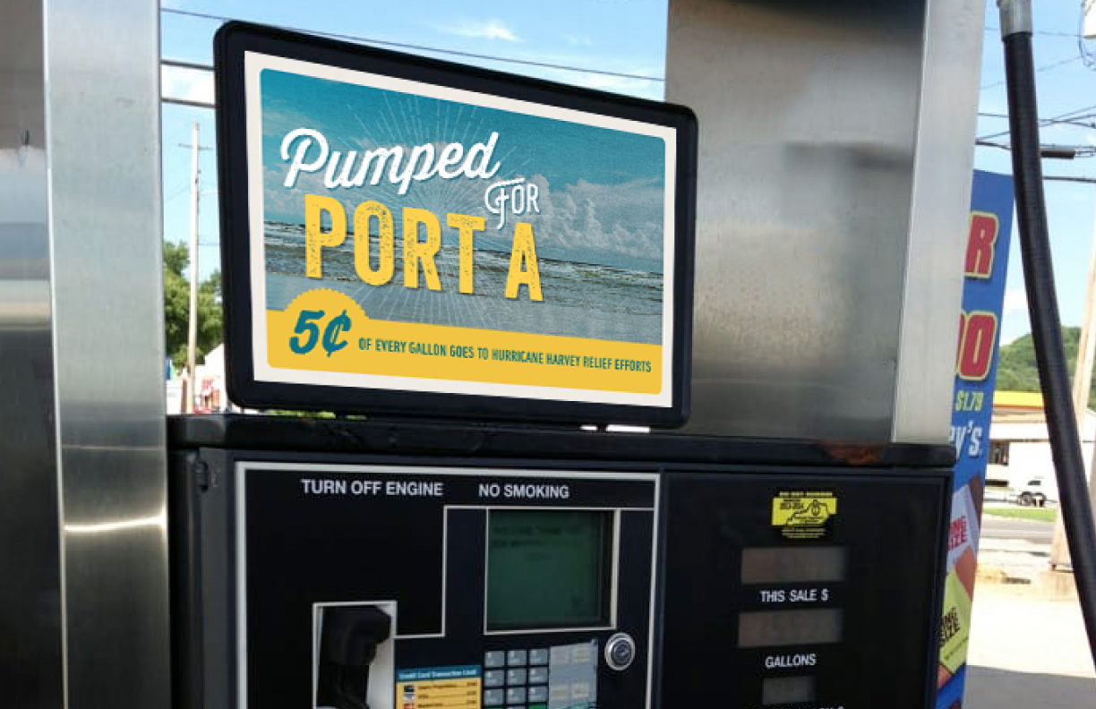 Showing a gas pump ad for Port Aransas developed by MDR.