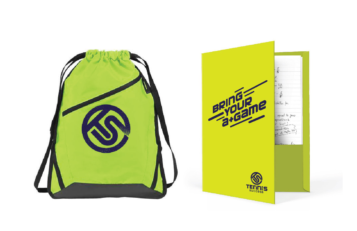 Showing Tennis Success branded backpacks and homework folders designed by MDR.
