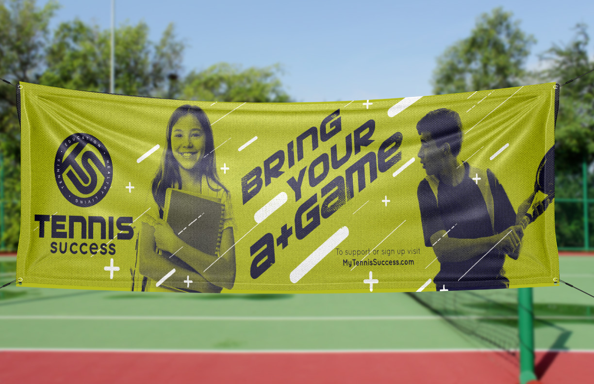 Showing a yellow banner featuring the Tennis Success branding as designed by MDR.
