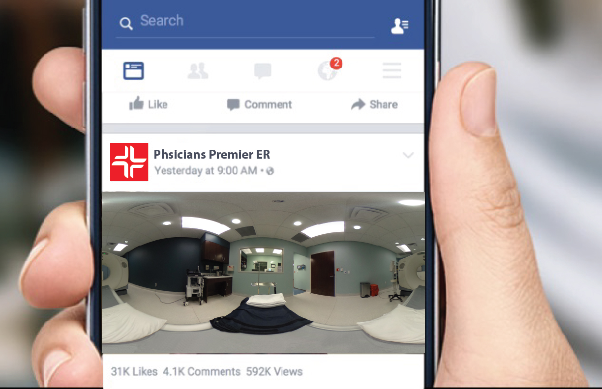 Showing the Physicians Premier ER facebook page displayed on a mobile phone using branding created by MDR.